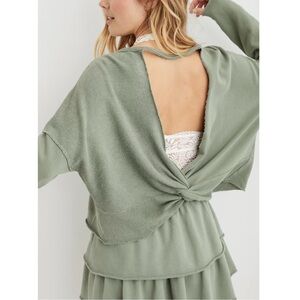 Aerie Weekend Pretty Back Sweatshirt Sage Green Twist Open Back Cotton Small
